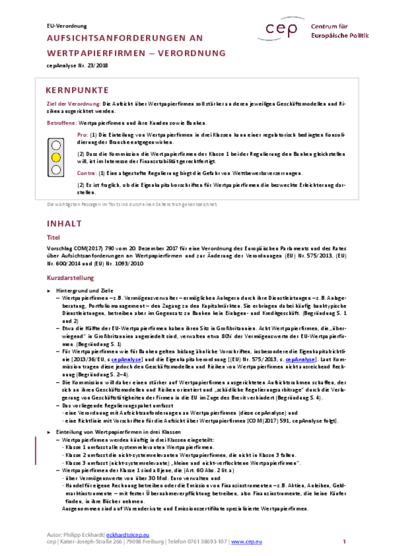 Aufsichtsanforderungen an Wertpapierfirmen COM(2017) 790