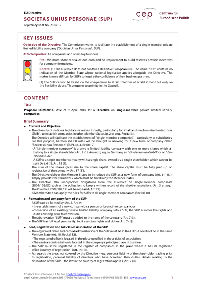 Societas Unius Personae (SUP) COM(2014) 212