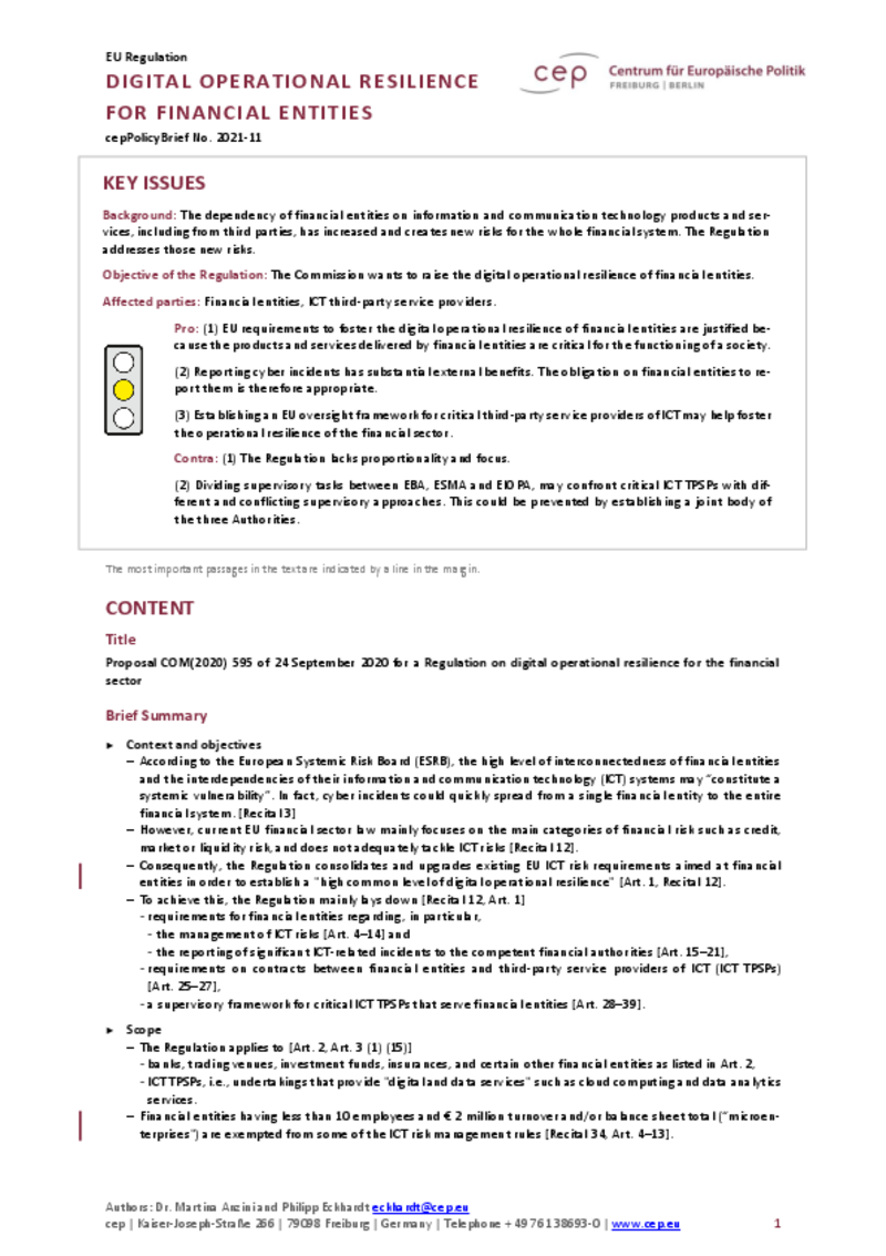 Digital Operational Resilience for Financial Entities (cepPolicyBrief COM2020_595)