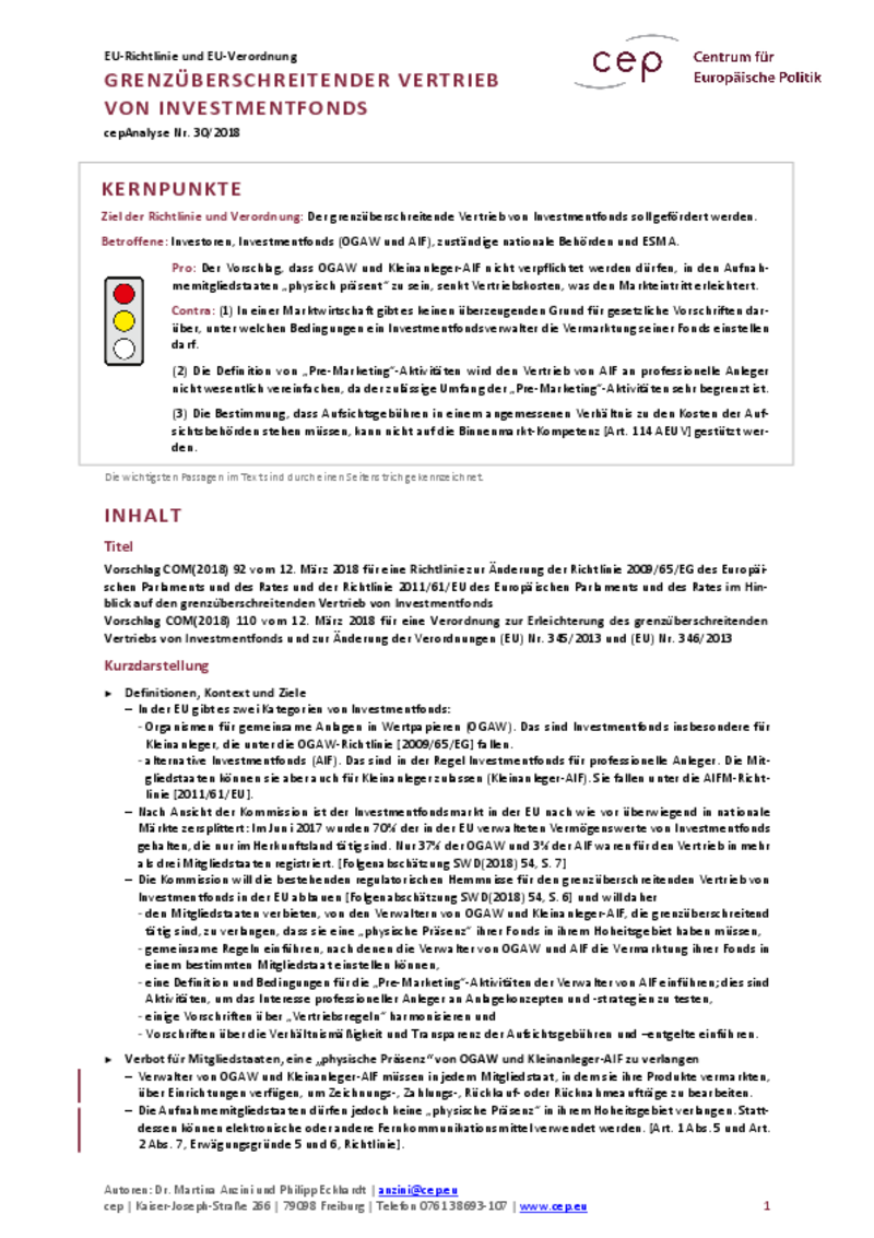 Grenzüberschreitender Vertrieb von Investmentfonds COM(2018) 92