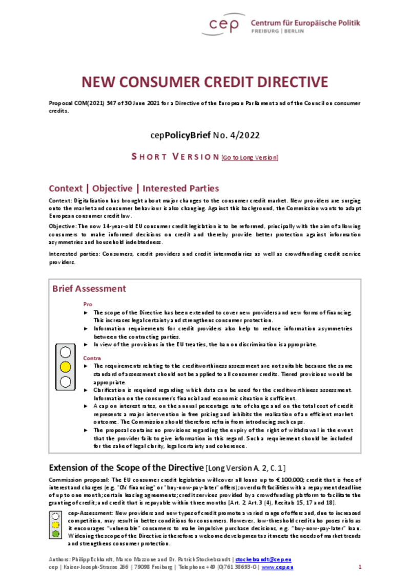 New Consumer Credit Directive (cepPolicyBrief Short Version)