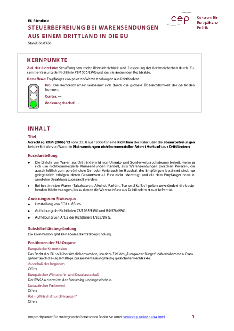 Steuerbefreiung bei Warensendungen aus einem Drittland in die EU KOM(2006) 12
