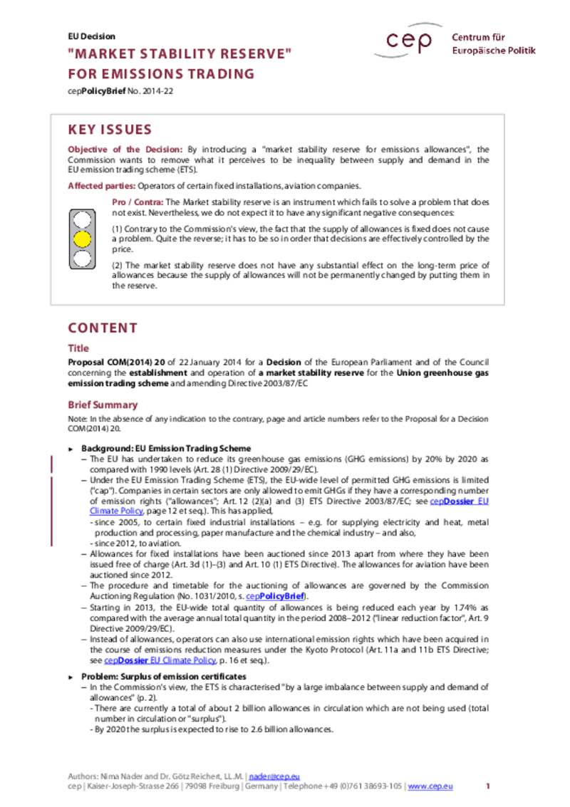 "Market Stability Reserve" for Emission Trading COM(2014) 20
