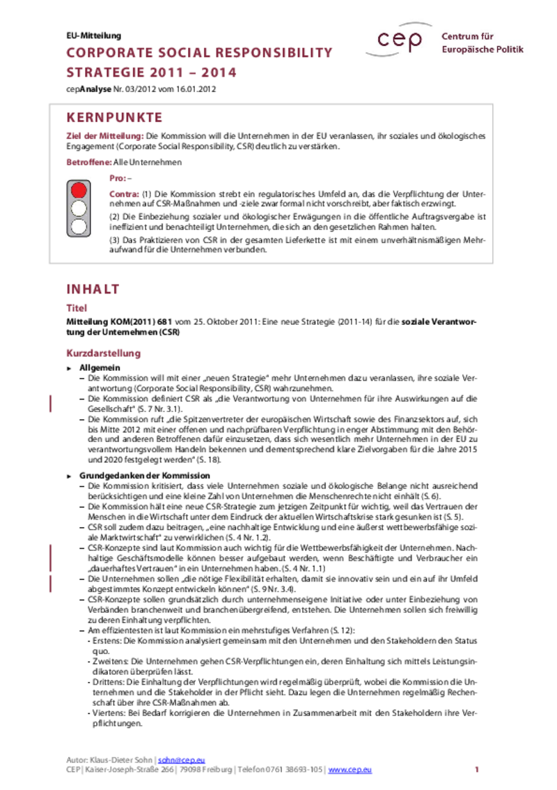 Corporate Social Responsibility Strategie 2011-2014 KOM(2011) 681