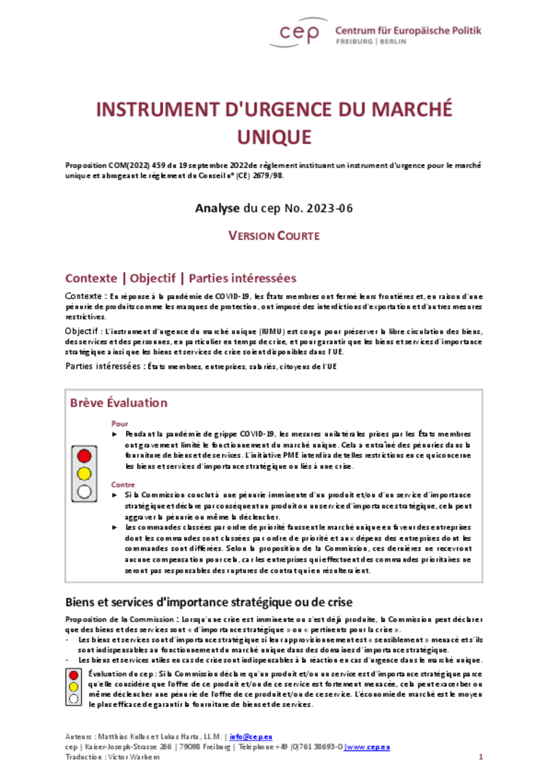 Le cep Fribourg/Berlin considère que l'instrument d'urgence du marché unique est juridiquement contestable