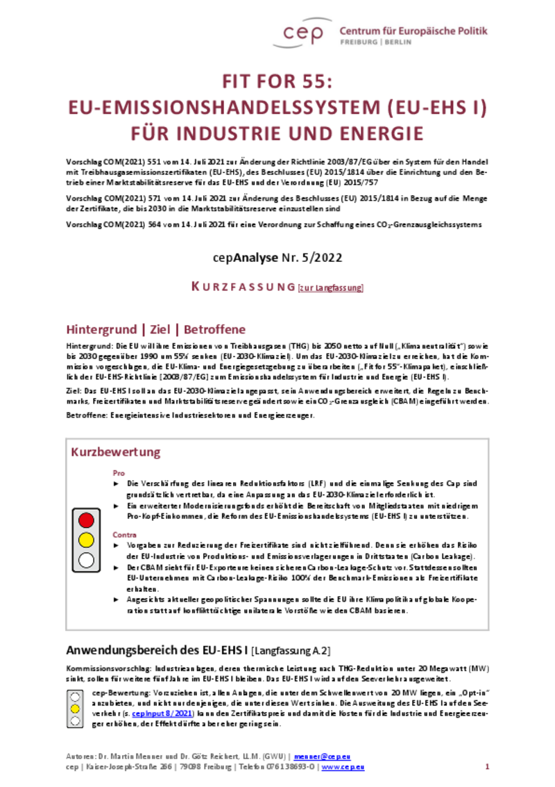 Fit for 55: cepAnalyse Industrie und Energie_COM2021_551_Kurzfassung