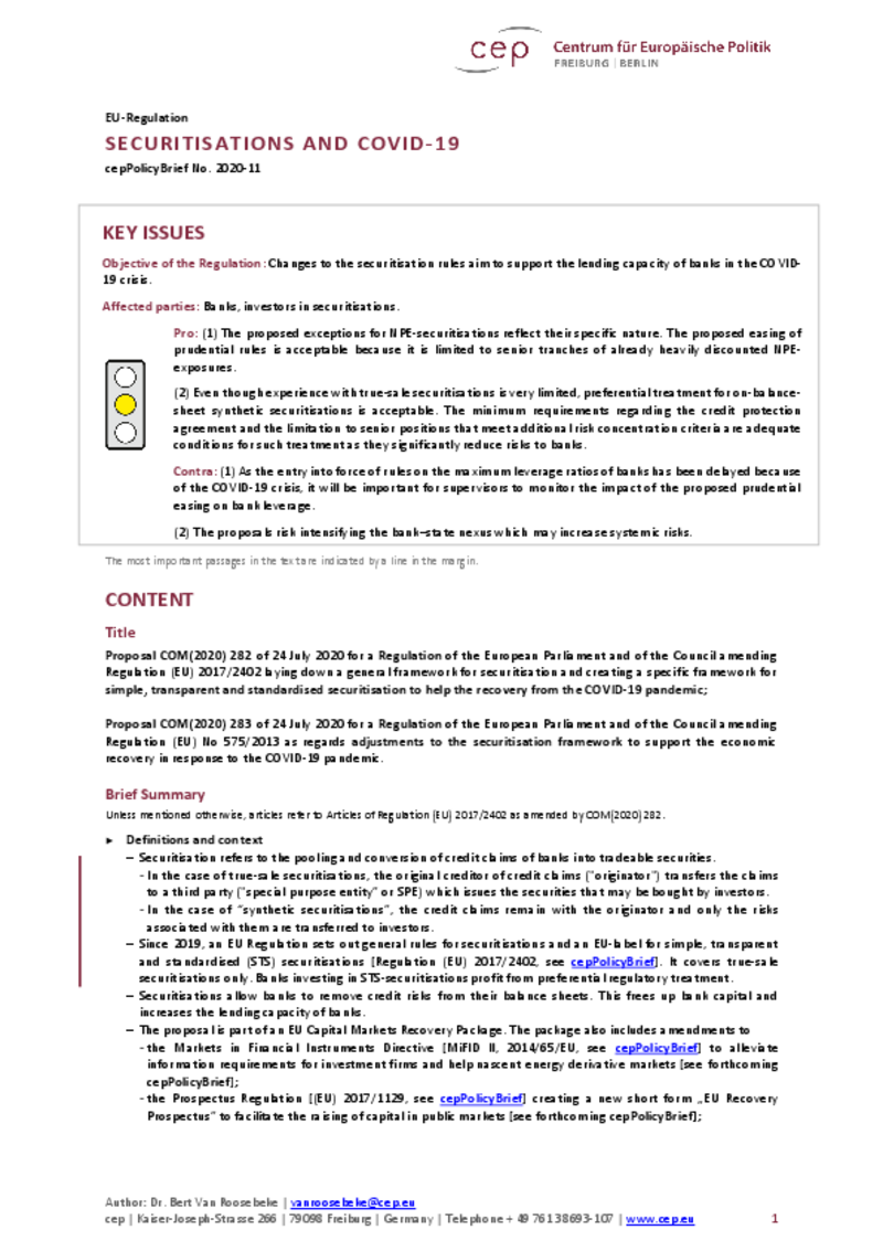 Securitisations Corona Quick Fix (cepPolicyBrief)
