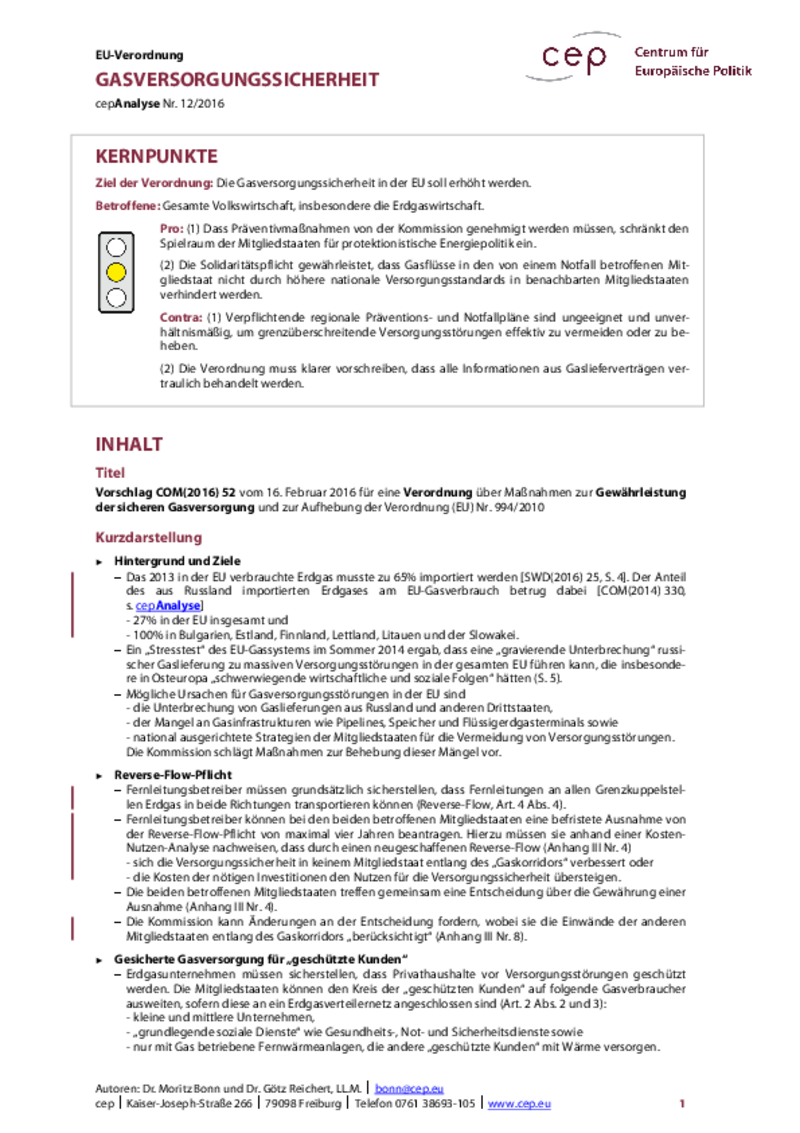 Gasversorgungssicherheit COM(2016) 52