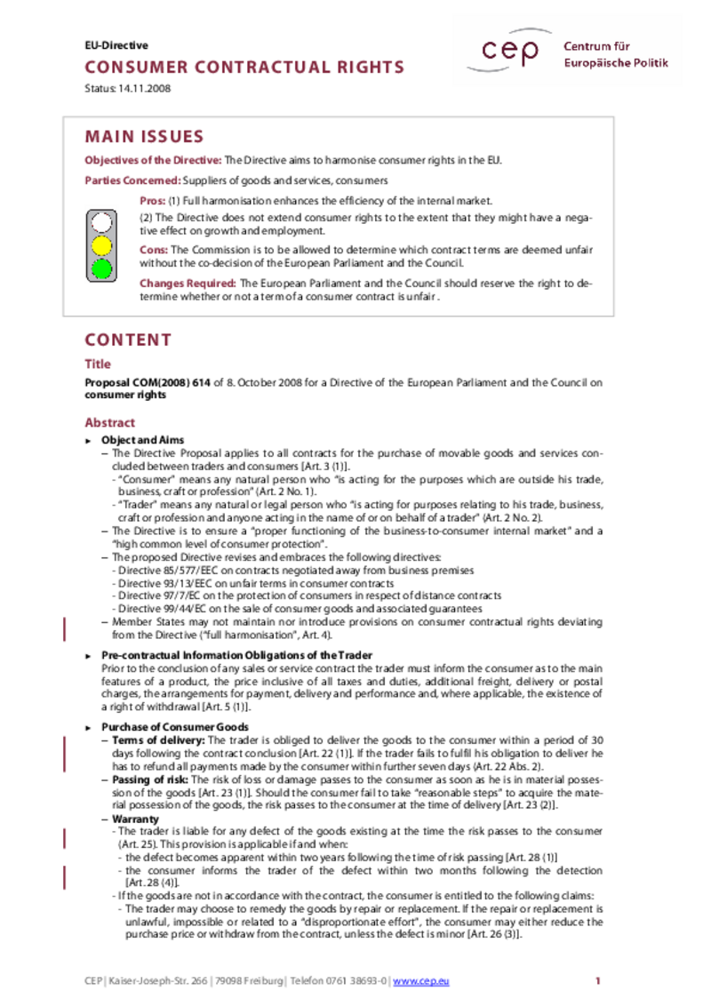 Consumer Contractual Rights COM(2008) 614