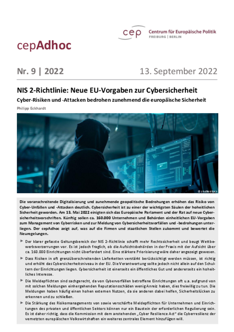 NIS-2-Richtlinie: Neue EU-Vorgaben zur Cybersicherheit (cepAdhoc)
