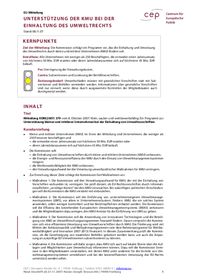 Unterstützung der KMU bei der Einhaltung des Umweltrechts KOM(2007) 379
