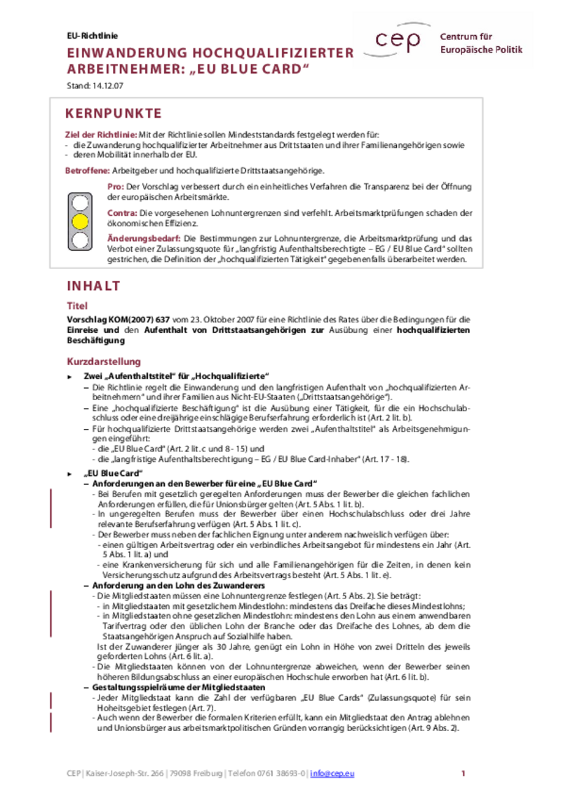 Einwanderung Hochqualifizierter Arbeitnehmer: "EU Blue Card" KOM(2007) 637