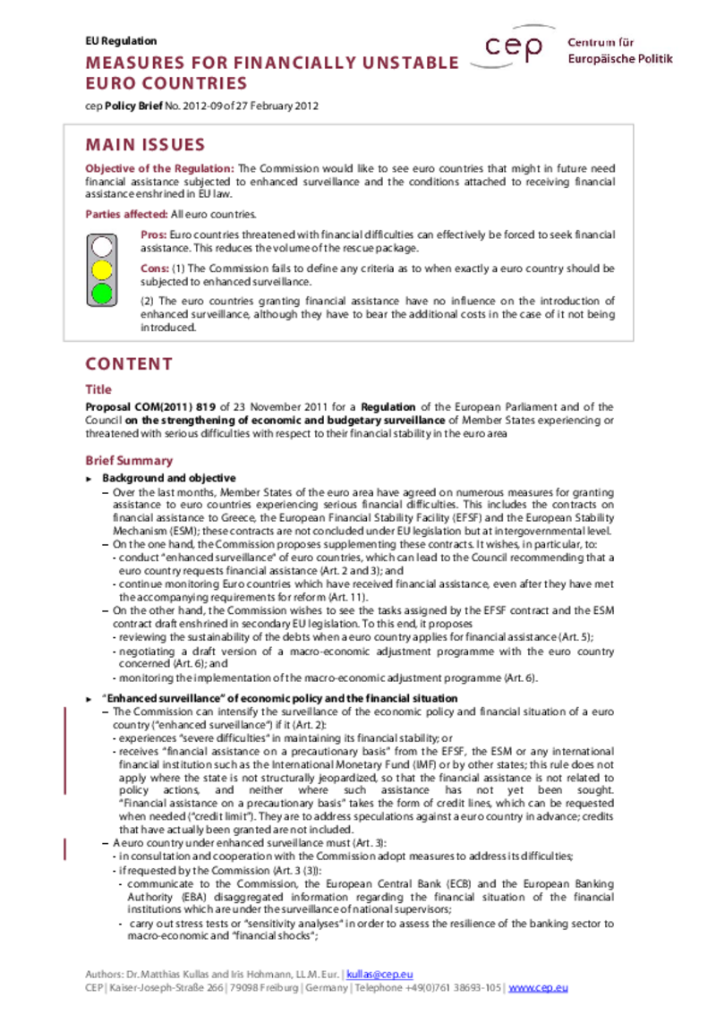 Measures for Financially Unstable Euro Countries COM(2011) 819