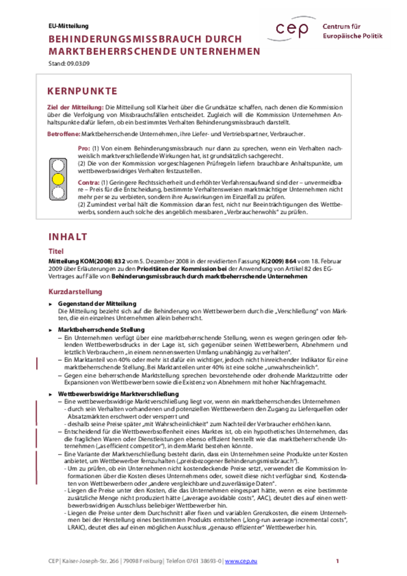 Behinderungsmissbrauch durch marktbeherrschende Unternehmen KOM(2008) 832