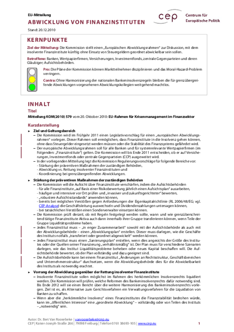 Abwicklung von Finanzinstituten KOM(2010) 579