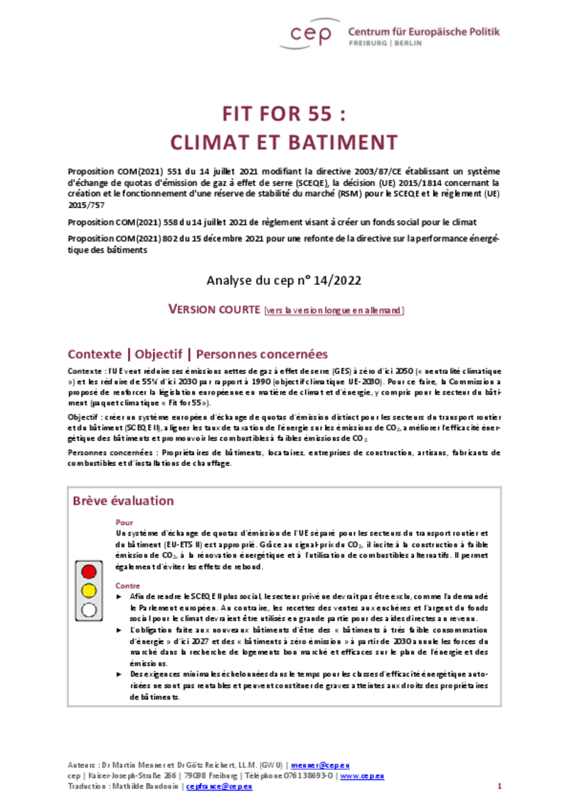 Malgré l'inflation, le cep Berlin/Fribourg insiste sur l'échange de quotas d'émission de l'UE pour les bâtiments et le transport routier - sans exceptions