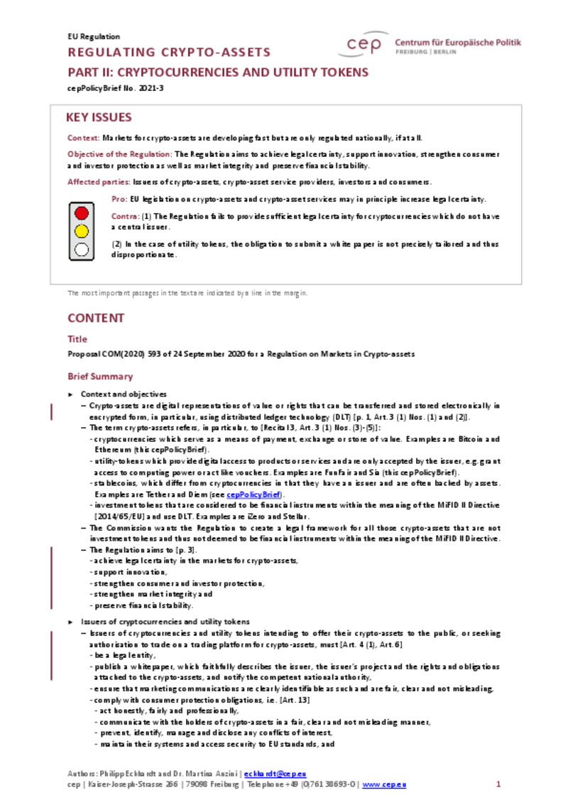 Regulation of Crypto-Assets – Part II: Cryptocurrencies and Utility-Tokens (cepPolicyBrief COM_2020_593)