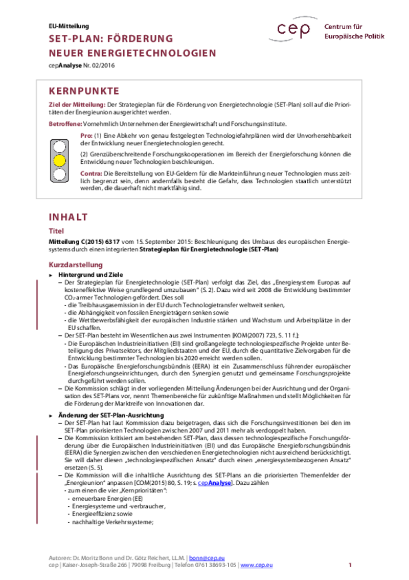 SET-Plan: Förderung neuer Energietechnologien C(2015) 6317