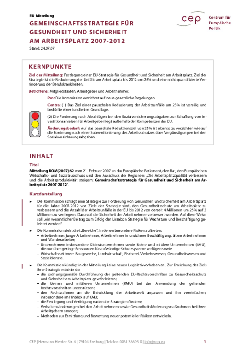 Gemeinschaftsstrategie für Gesundheitsschutz und Sicherheit am Arbeitsplatz COM(2007) 62