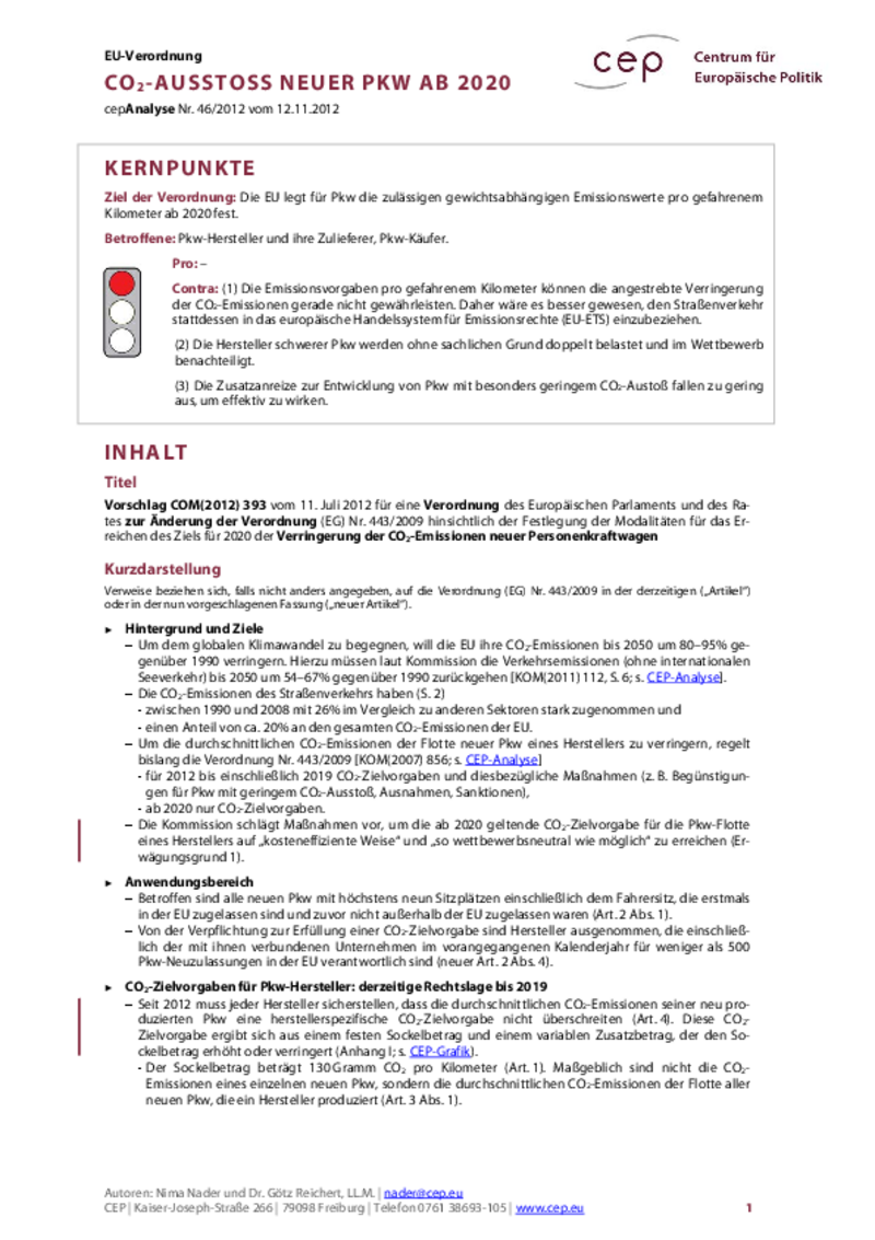 CO2-Ausstoß neuer Pkw ab 2020 COM(2012) 393
