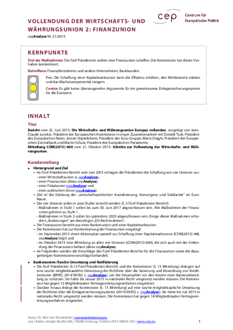 Vollendung der Wirtschafts- und Währungsunion 2: Finanzunion