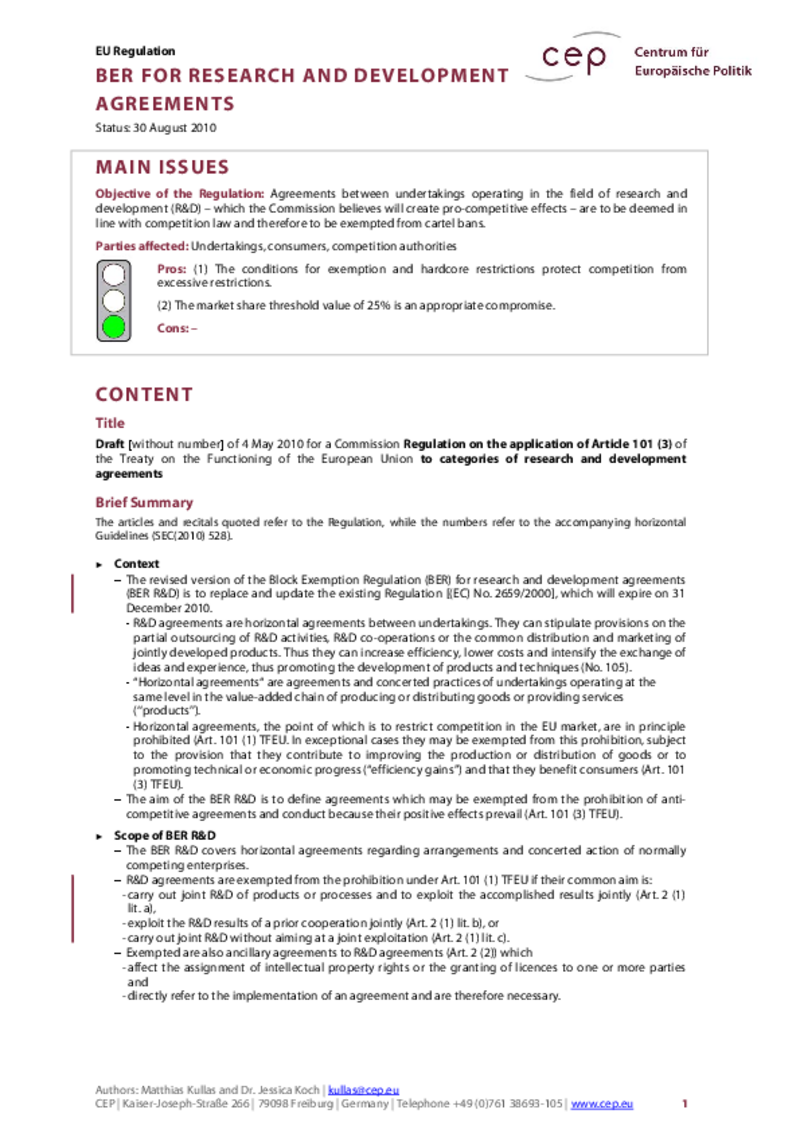 Block Exemption Regulation for Research & Development Agreements