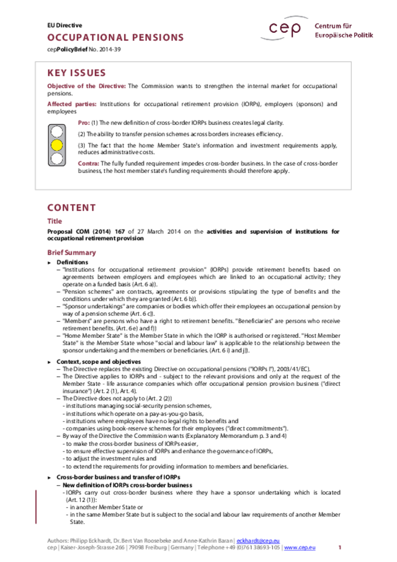 Occupational pensions (IORP II) COM(2014) 167
