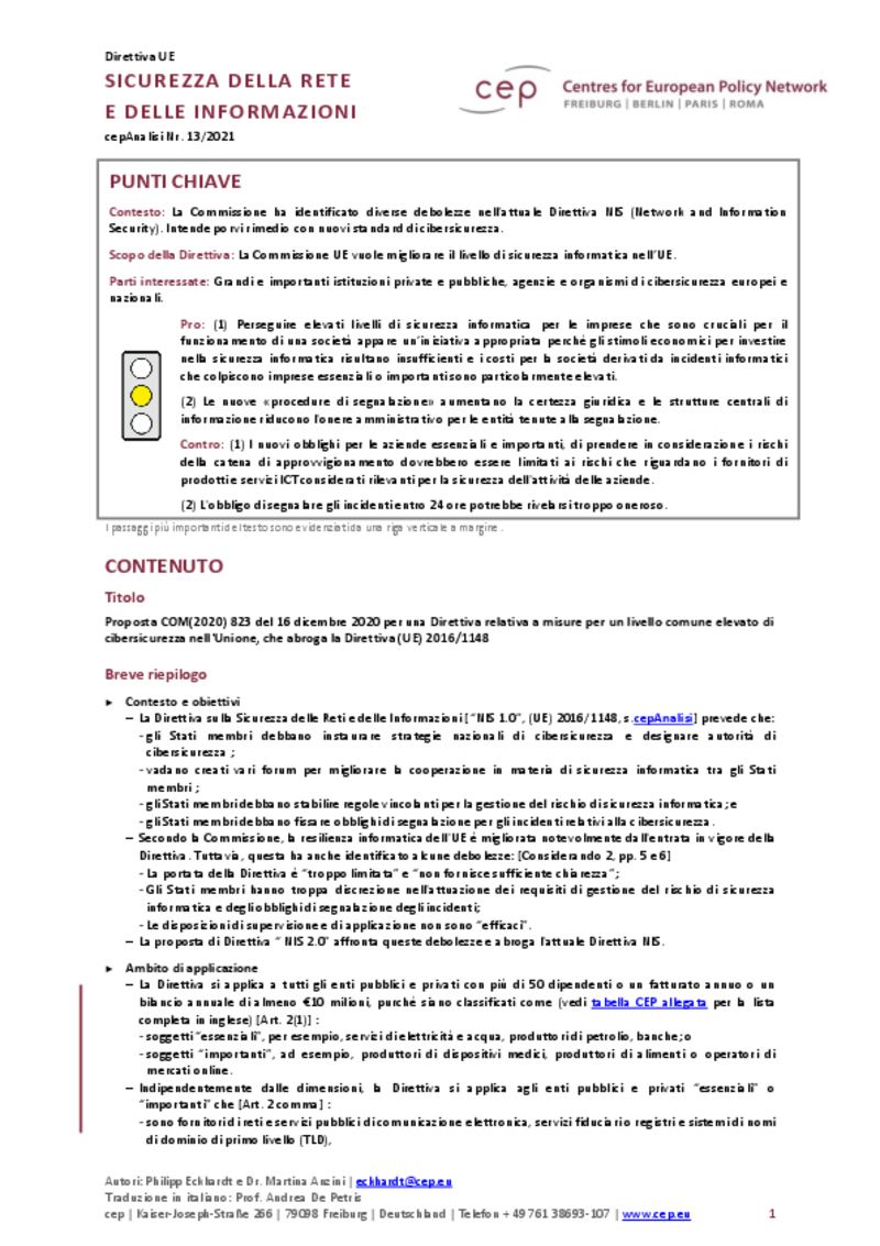 Sicurezza della rete e delle informazioni (cepAnalisi del COM(2020) 823)