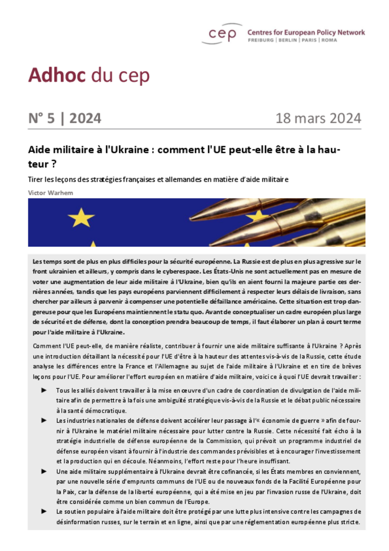 Aide militaire à l’Ukraine : le cep souligne l’urgence du passage à l’économie de guerre en Europe