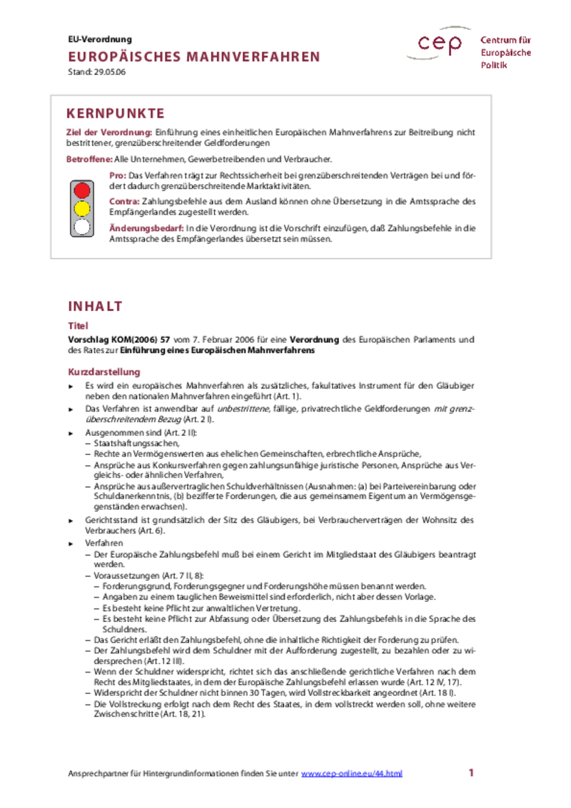 Europäisches Mahnverfahren KOM(2006) 57