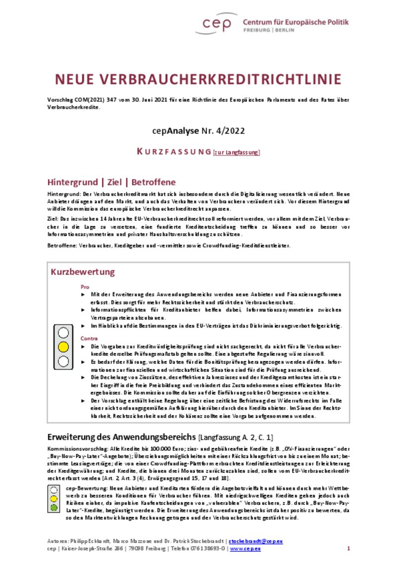 Neue Verbraucherkreditrichtlinie (cepAnalyse zu COM(2021) 347)_Kurzfassung