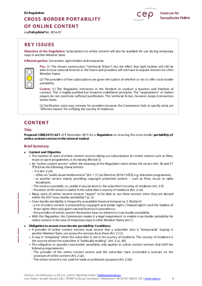 Cross-border portability of online content COM(2015) 627