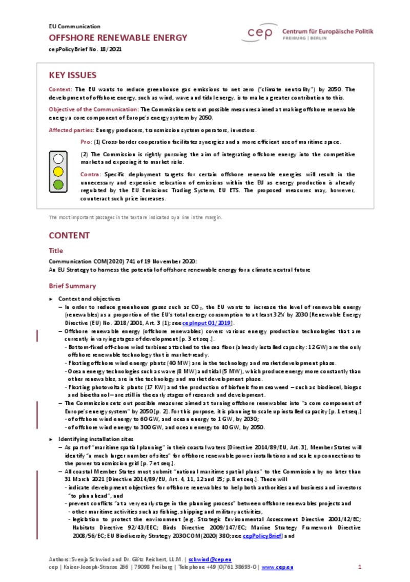 Offshore Renewable Energy (cepPolicyBrief COM2020 741)