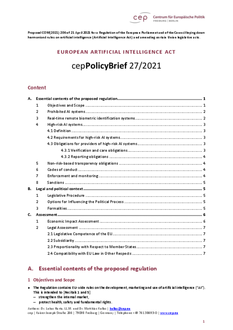 European Artificial Intelligence Act (cepPolicyBrief COM2021 206)