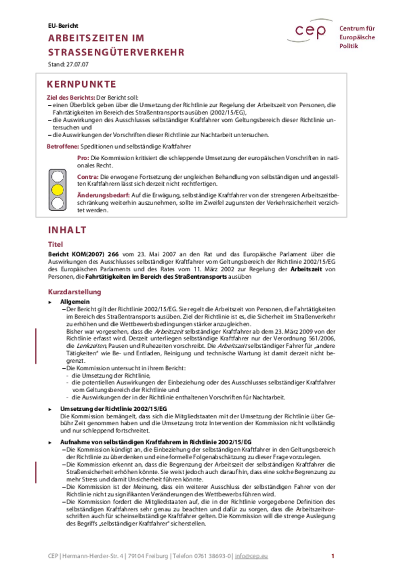 Arbeitszeiten im Straßengüterverkehr (KOM(2007) 266