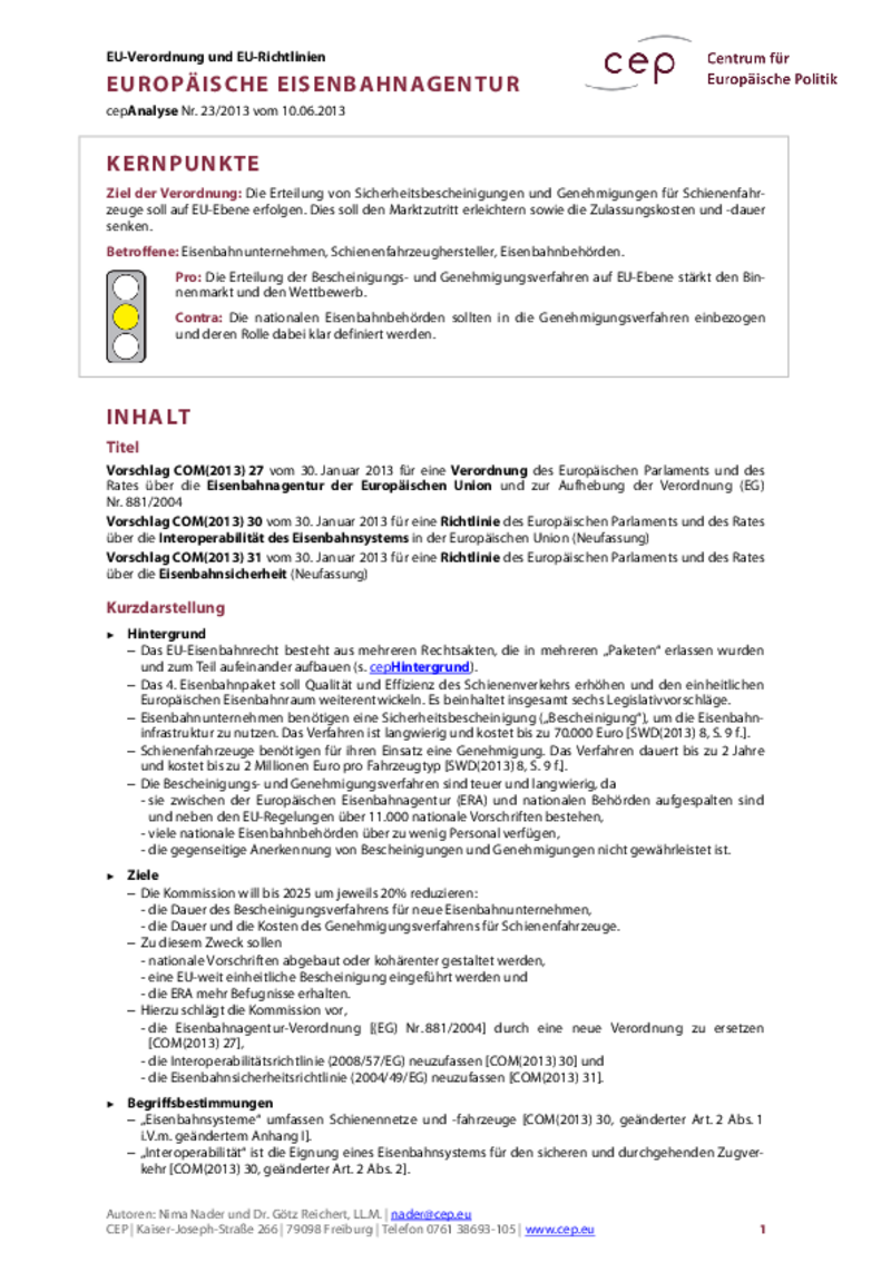 4. Eisenbahnpaket: Europäische Eisenbahnagentur COM(2013) 27