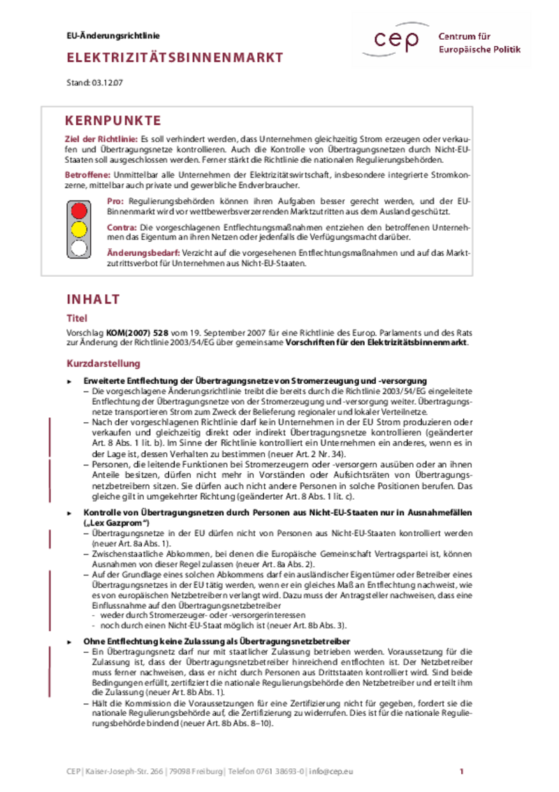 Elektrizitätsbinnenmarkt KOM(2007) 528