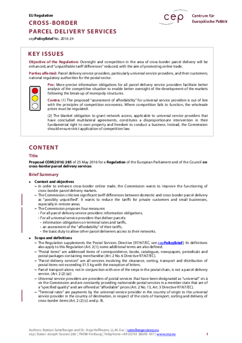 Cross-border Parcel Delivery Services COM(2016) 285