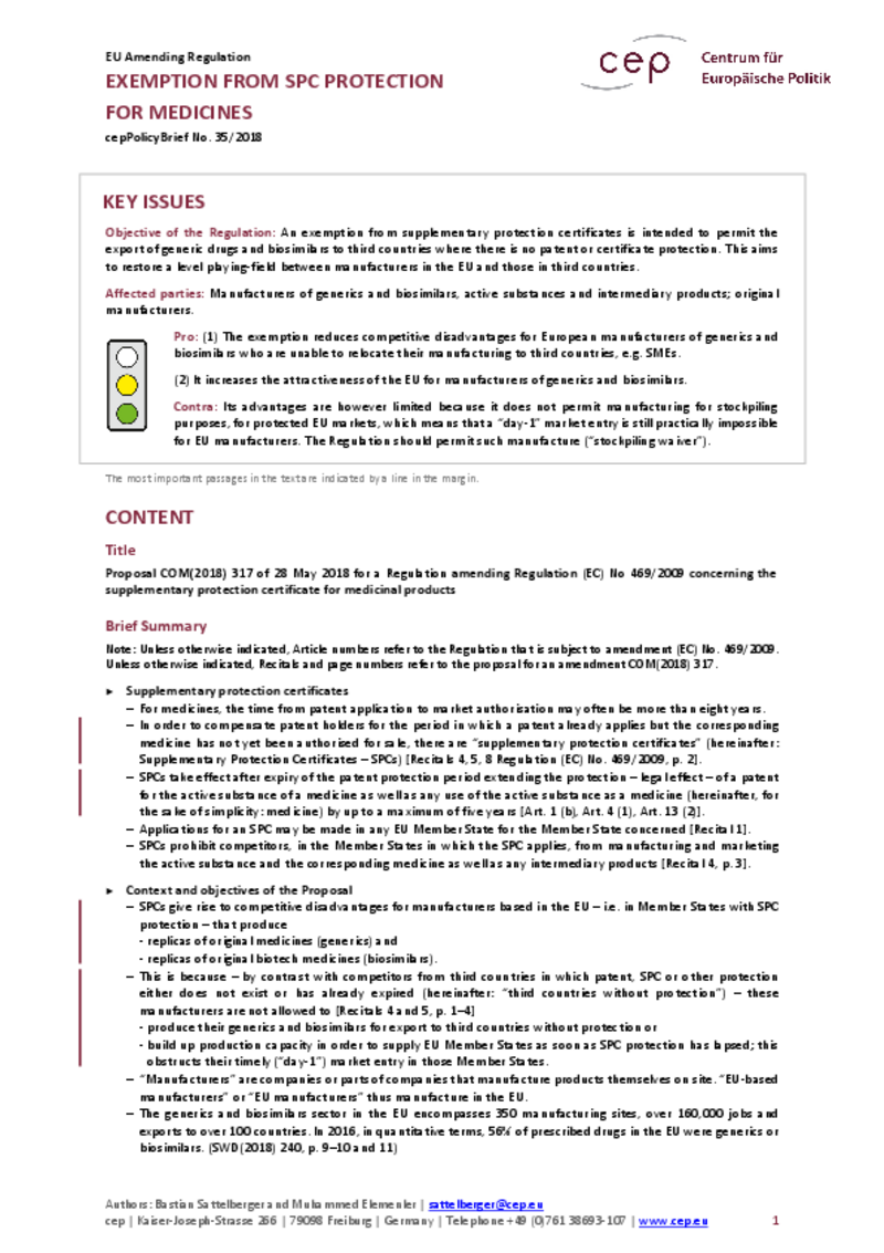 Exemption from SPC Protection for Medicines COM(2018) 317
