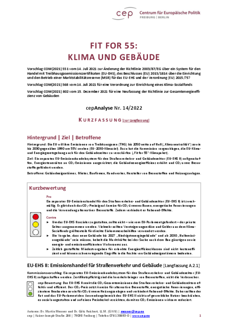 Fit for 55: Klima und Gebäude (cepAnalyse Kurzversion)
