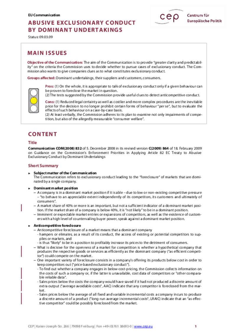 Abusive Exclusionary Conduct by Dominant Undertakings COM(2008) 832