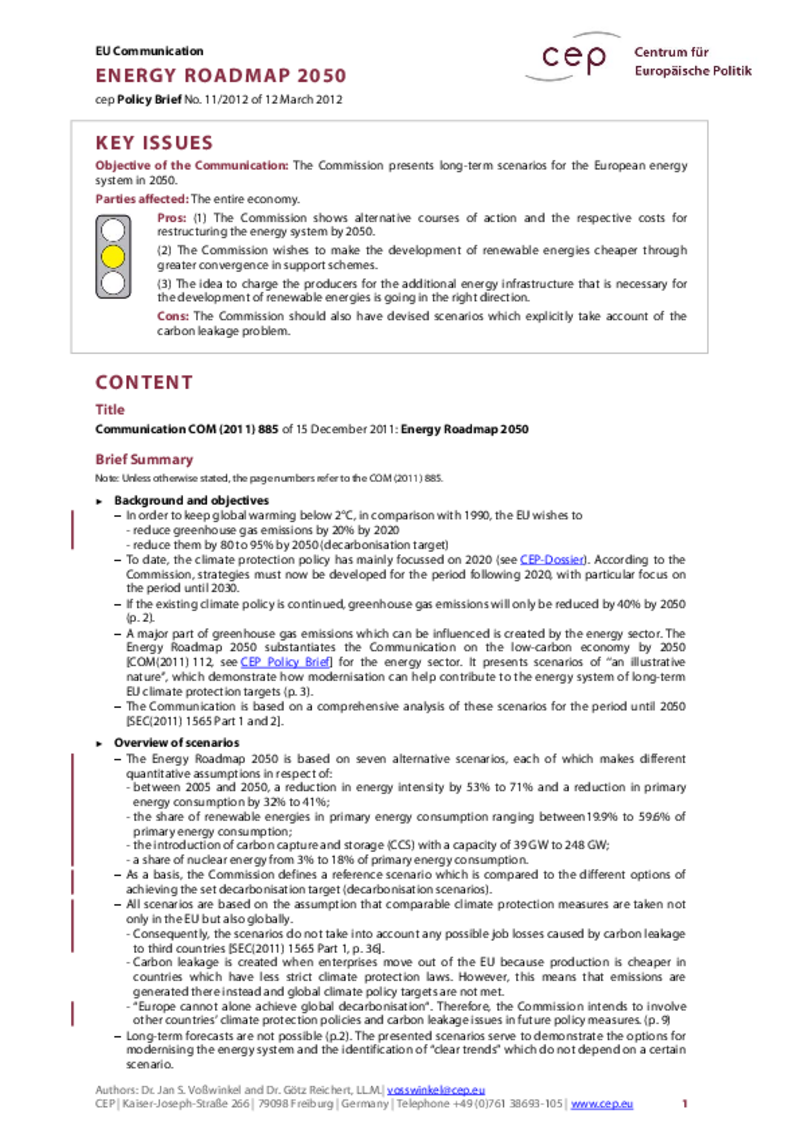 Energy Roadmap 2050 COM(2011) 885
