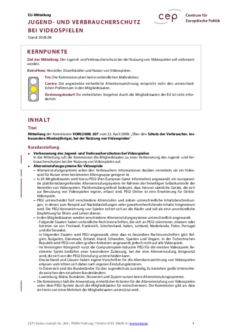 Jugend- und Verbraucherschutz bei Videospielen KOM(2008) 207