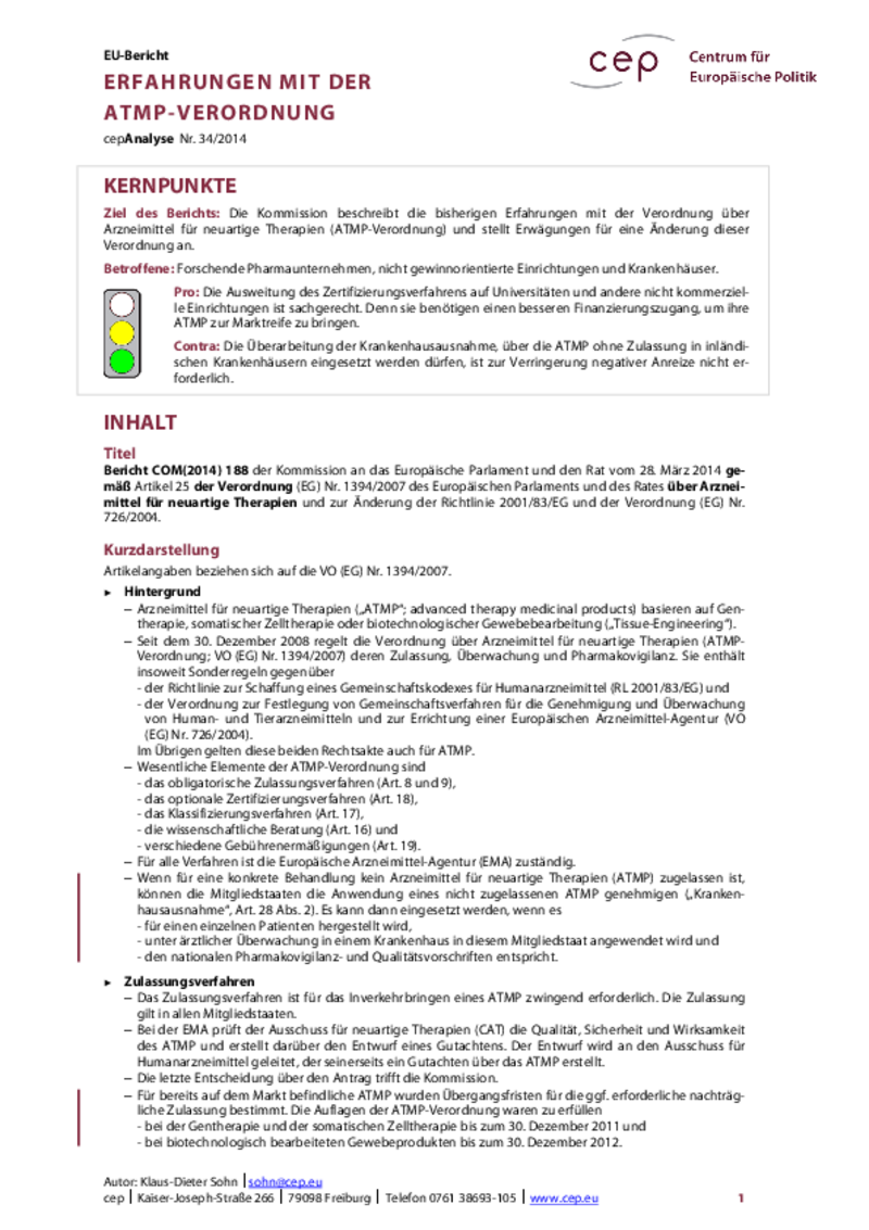 Erfahrungen mit der ATMP-Verordnung COM(2014) 188