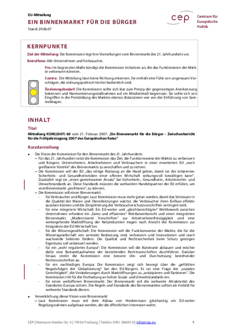Ein Binnenmarkt für die Bürger KOM(2007) 60