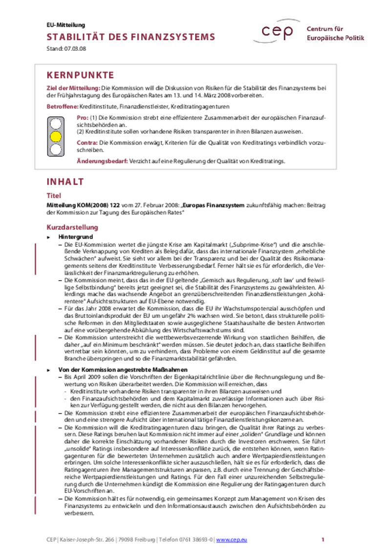 Stabilität des Finanzsystems KOM(2008) 122