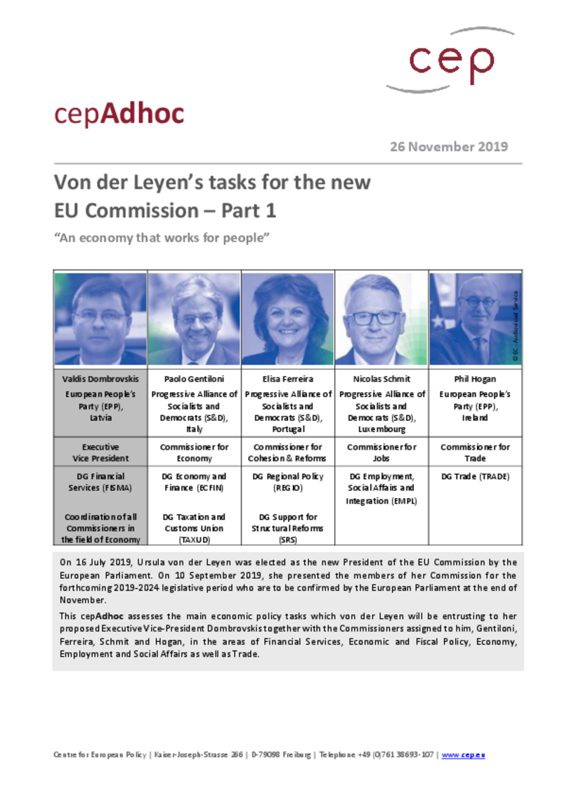 An economy that works for people: Von der Leyen’s tasks for the new EU Commission – Part 1 (cepAdhoc)