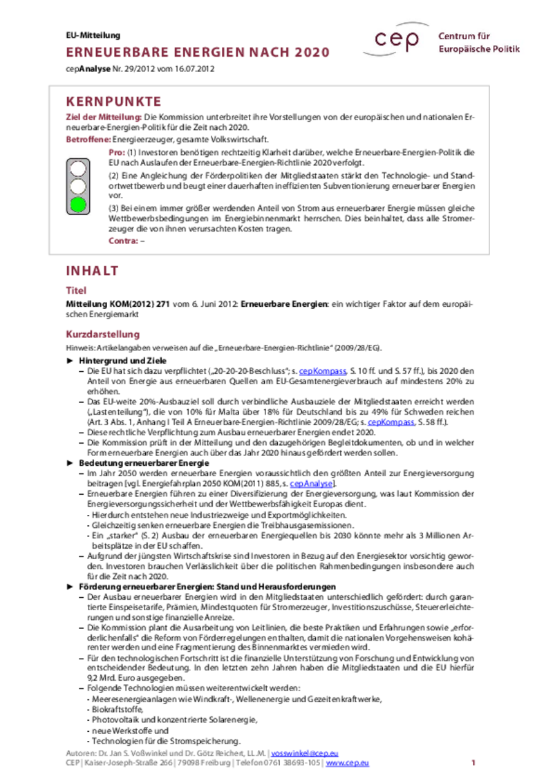 Erneuerbare Energien nach 2020 KOM(2012) 271