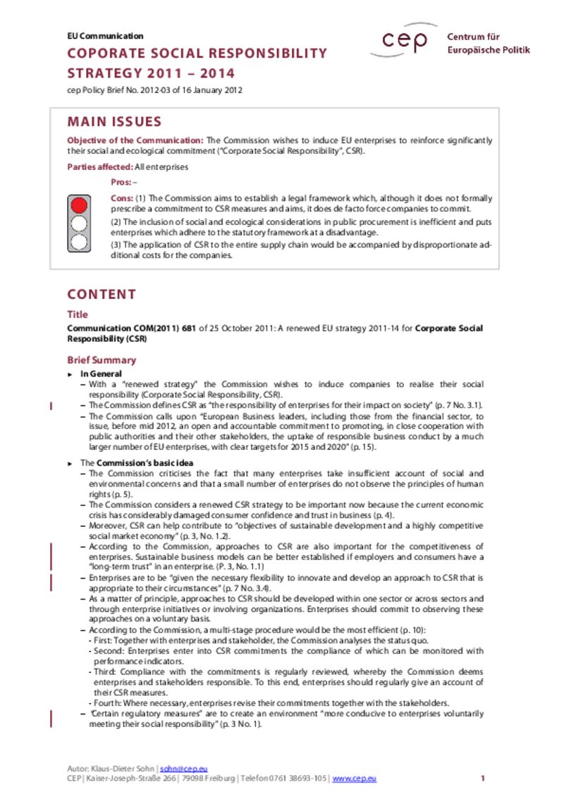 Corporate Social Responsibility Strategy 2011-2014 COM(2011) 681