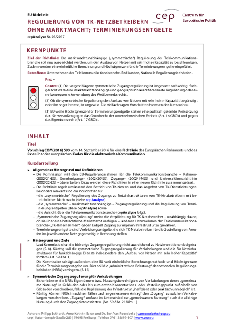 Regulierung von TK-Netzbetreibern ohne Marktmacht COM(2016) 590